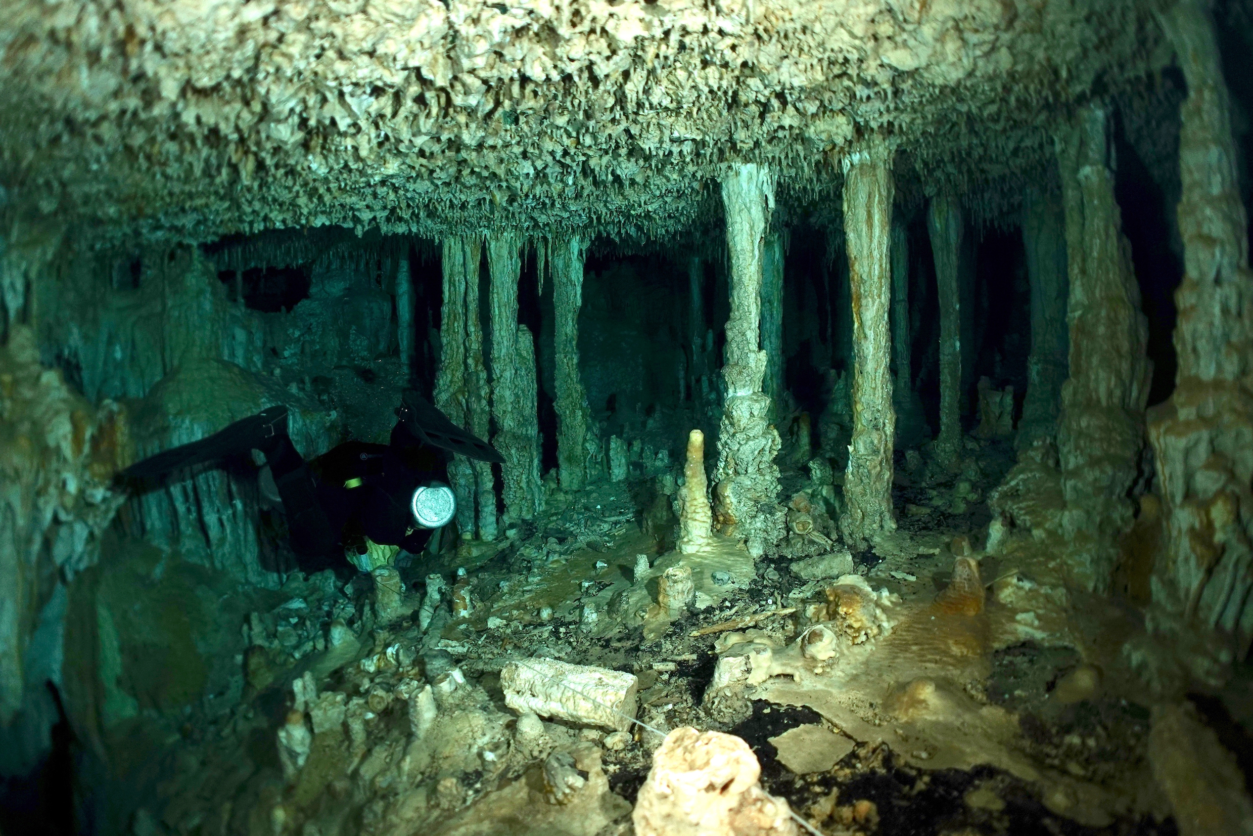 Dive guide Attilio among pillars in Cenote Zacil-Ha. Photo by Pierre Constant